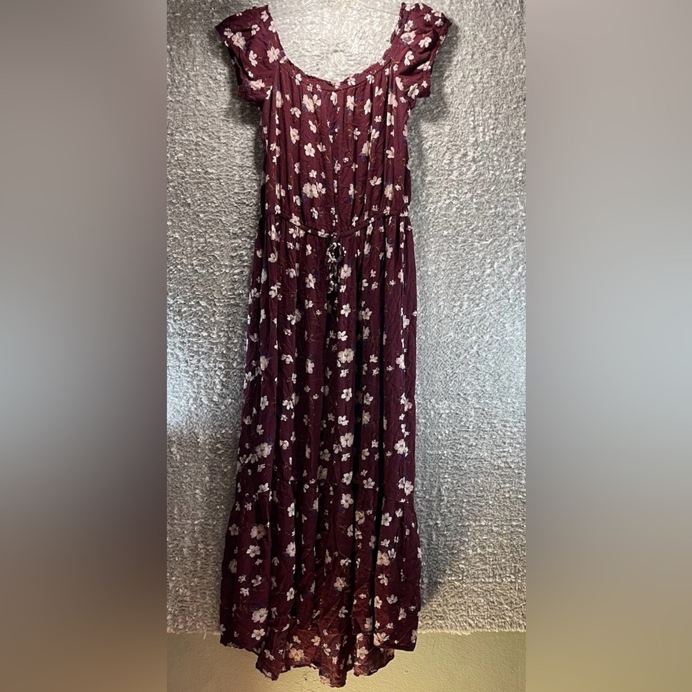 Hollister Maroon Floral Baby Doll Tiered Maxi Dress L Viscose Fairy Bohemian Y2K